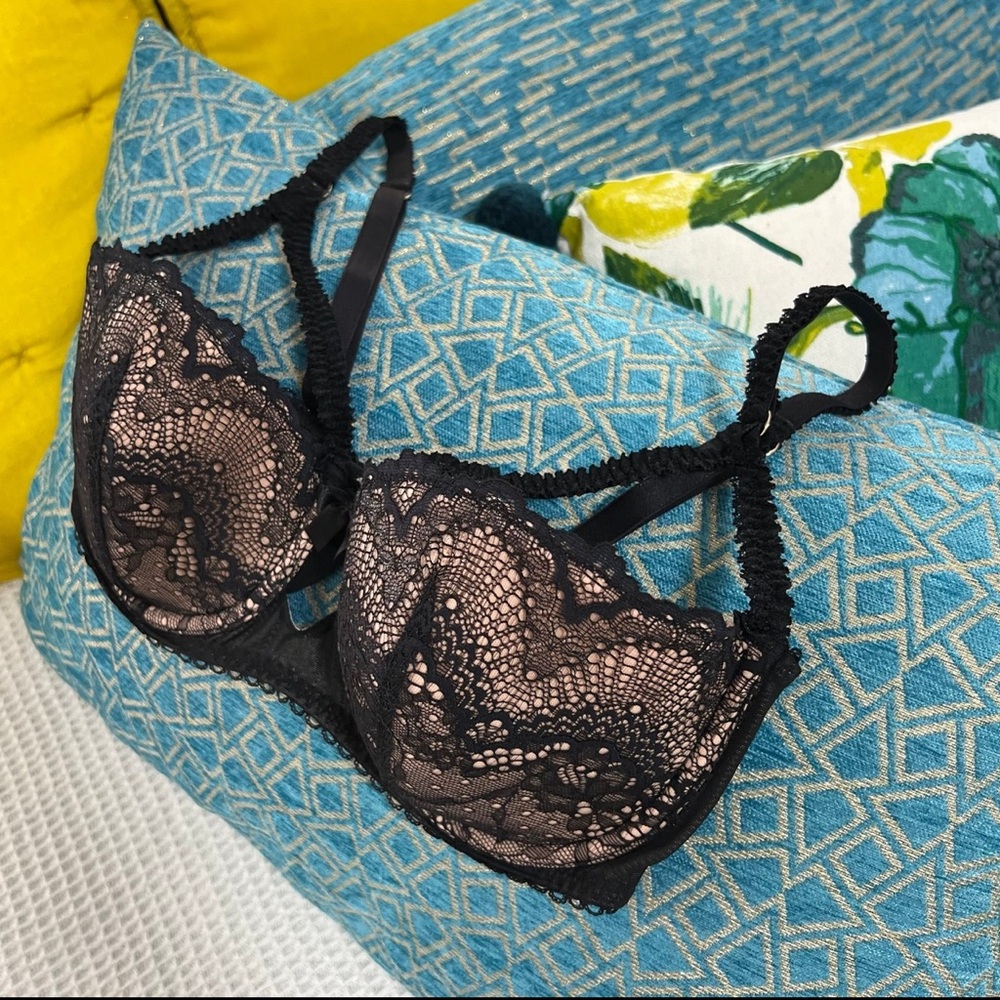 NEW Bebe Rexha x Adore Me Kimmy Push Up Balconette Bra Black Tan Nude Lace 34DDD - Picture 1 of 7